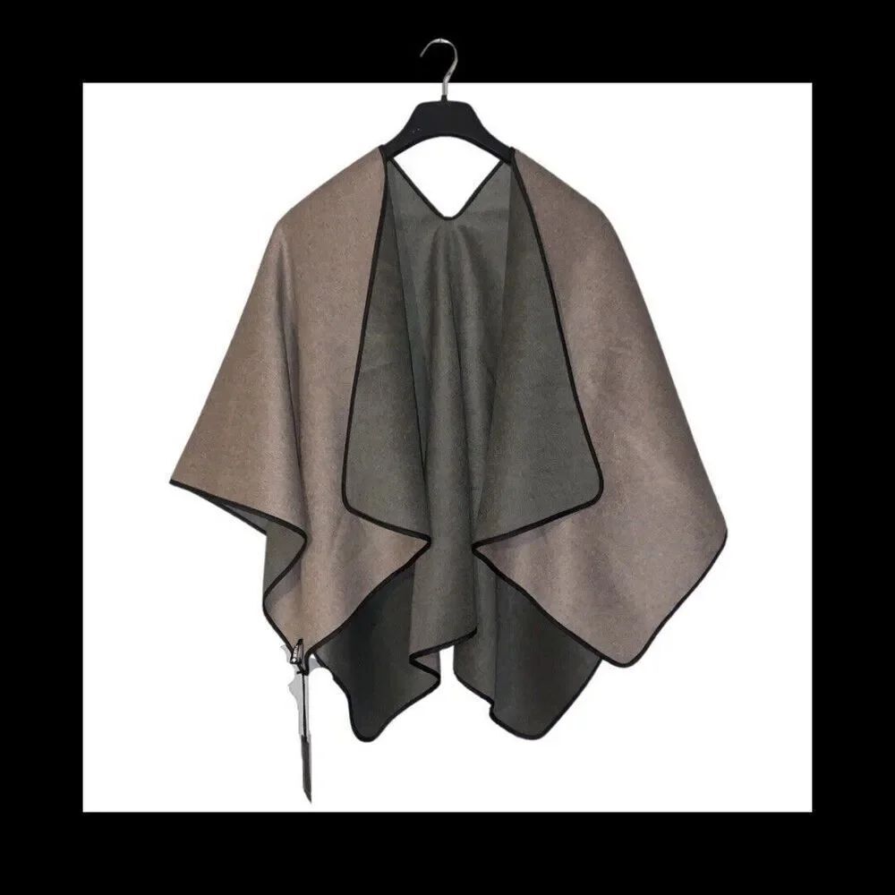 BERYLL Cashmere Wool Reversible Cape Poncho O/S Gray/Green/Beige NWT Msrp $698